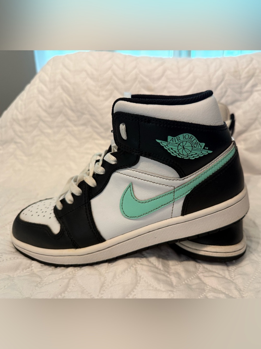 Jordan Men’s High-Top Sneakers in White, Black & Mint Green
